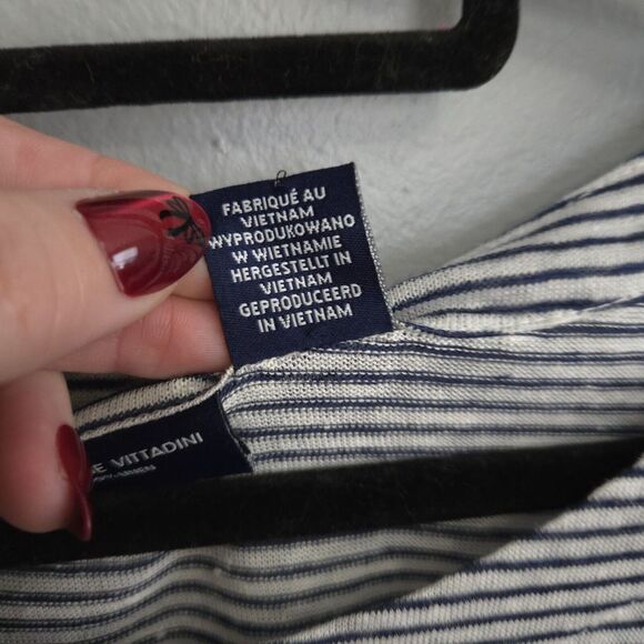 Adrienne Vittadini Navy White Striped 100% Linen Stretch Button Back Top Large - Picture 9 of 10
